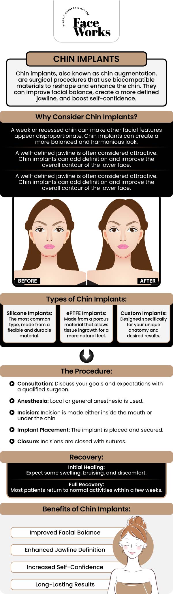 Common questions asked by patients: What is a chin implant (mentoplasty), and how does it work to enhance the jawline? How is a chin implant procedure performed? Is a chin implant a permanent solution? Who is an ideal candidate for a chin implant?What kind of results can be realistically achieved with a chin implant? For more information, contact us or request an appointment online. We serve patients from Schaumburg IL, Hoffman Estates IL, Rolling Meadows IL, Hanover Park IL, Streamwood IL, Elk Grove Village IL, and surrounding areas.