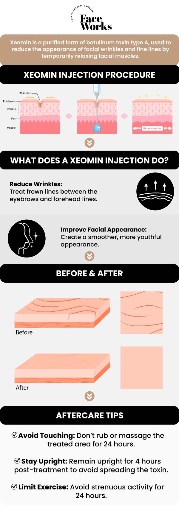 Common questions asked by clients: What is Xeomin and how does it work? What's the difference between Xeomin and Botox? What areas can be treated with Xeomin? How long does it take to see results and how long do they last? At Face Works Plastic Surgery, we offer Xeomin injections as a popular non-surgical option for reducing facial wrinkles. Administered by our skilled injectors under the supervision of Dr. Paul C. Dillon, a board-certified plastic surgeon, Xeomin is a highly purified neurotoxin that effectively smooths out dynamic lines, such as frown lines and crow's feet. For more information, contact us or request an appointment online. We serve patients from Schaumburg IL, Hoffman Estates IL, Rolling Meadows IL, Hanover Park IL, Streamwood IL, Elk Grove Village IL, and surrounding areas.