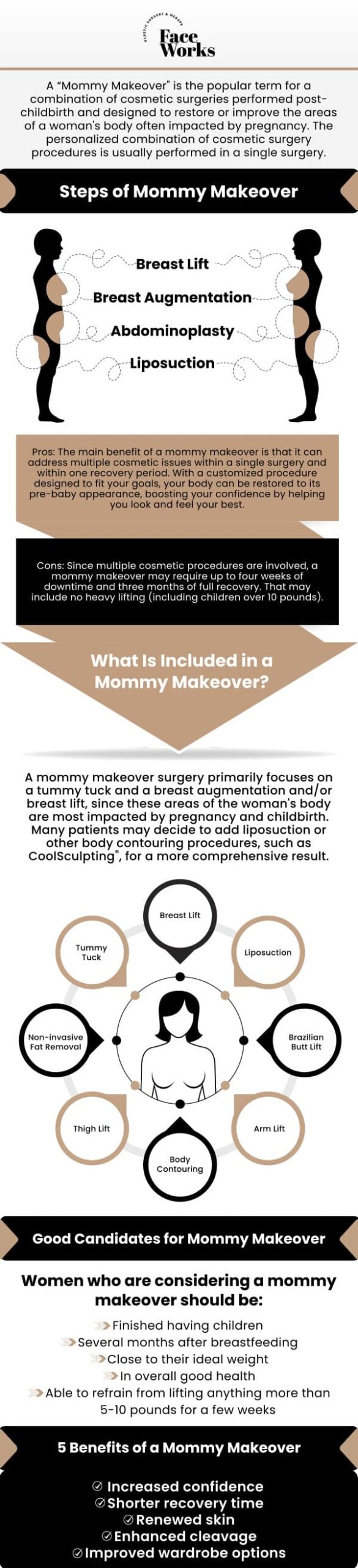 At Face Works Plastic Surgery, our team understands the physical changes and emotional journey that come with motherhood. That’s why we offer customized Mommy Makeover procedures designed to restore your pre-pregnancy body and confidence. Serving new moms with compassion and expertise, our specialists combine multiple treatments—such as tummy tucks, breast enhancement, and liposuction—into one personalized plan. For more information, contact us or request an appointment online. We are conveniently located at 501 W Golf Rd A, Schaumburg, IL 60195. At Face Works Plastic Surgery, our team understands the physical changes and emotional journey that come with motherhood. That’s why we offer customized Mommy Makeover procedures designed to restore your pre-pregnancy body and confidence. Serving new moms with compassion and expertise, our specialists combine multiple treatments—such as tummy tucks, breast enhancement, and liposuction—into one personalized plan. For more information, contact us or request an appointment online. We are conveniently located at 501 W Golf Rd A, Schaumburg, IL 60195.