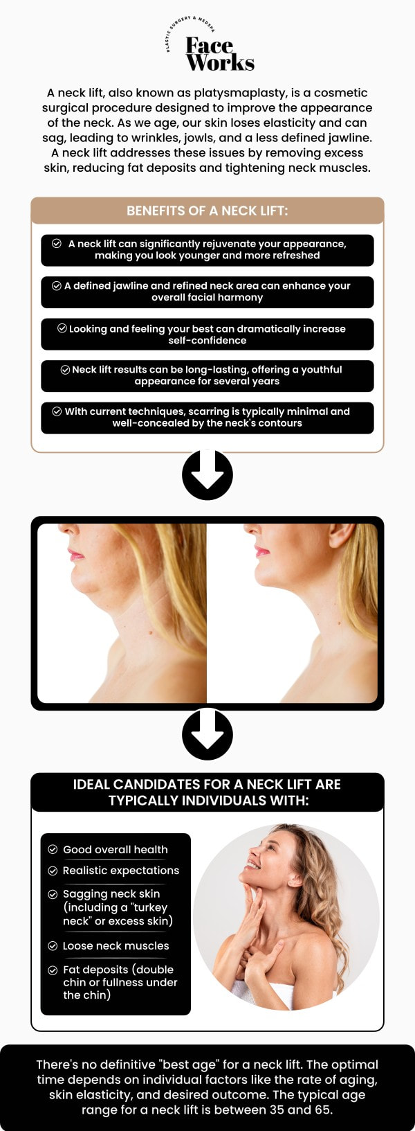 At Face Works Plastic Surgery, our expert team specializes in delivering advanced neck lift treatments tailored to each patient’s unique needs. We focus on enhancing your natural contours to achieve a smoother, more youthful neckline. Whether you're addressing sagging skin, muscle banding, or excess fat, our specialists offer precise, personalized care. For more information, contact us or request an appointment online. We are conveniently located at 501 W Golf Rd A, Schaumburg, IL 60195. At Face Works Plastic Surgery, our expert team specializes in delivering advanced neck lift treatments tailored to each patient’s unique needs. We focus on enhancing your natural contours to achieve a smoother, more youthful neckline. Whether you're addressing sagging skin, muscle banding, or excess fat, our specialists offer precise, personalized care. For more information, contact us or request an appointment online. We are conveniently located at 501 W Golf Rd A, Schaumburg, IL 60195.