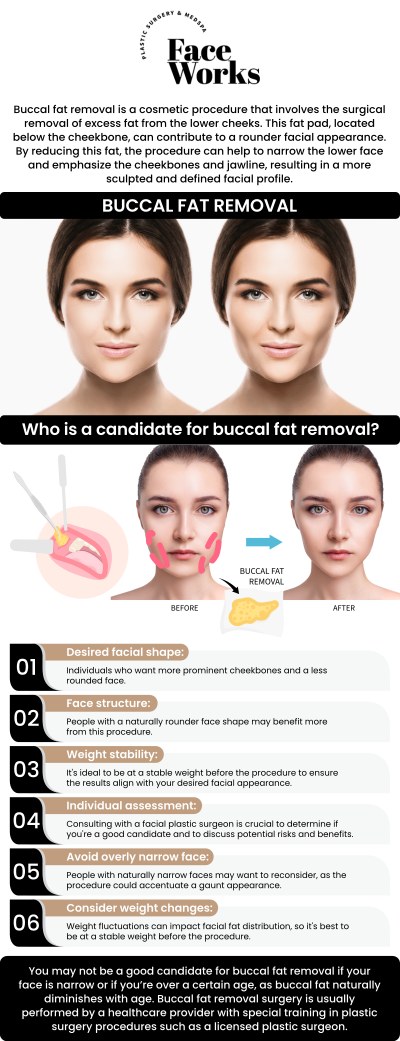 Buccal fat removal is a transformative procedure that enhances facial contour by reducing excess fat in the cheeks, creating a more sculpted and defined look. At Face Works Plastic Surgery, our team of providers, specializes in this minimally invasive procedure, helping patients achieve a more contoured, youthful appearance. With a focus on precision and natural results, we tailor each treatment to fit the patient's unique facial structure. For more information, contact us or request an appointment online. We are conveniently located at 501 W Golf Rd A, Schaumburg, IL 60195.