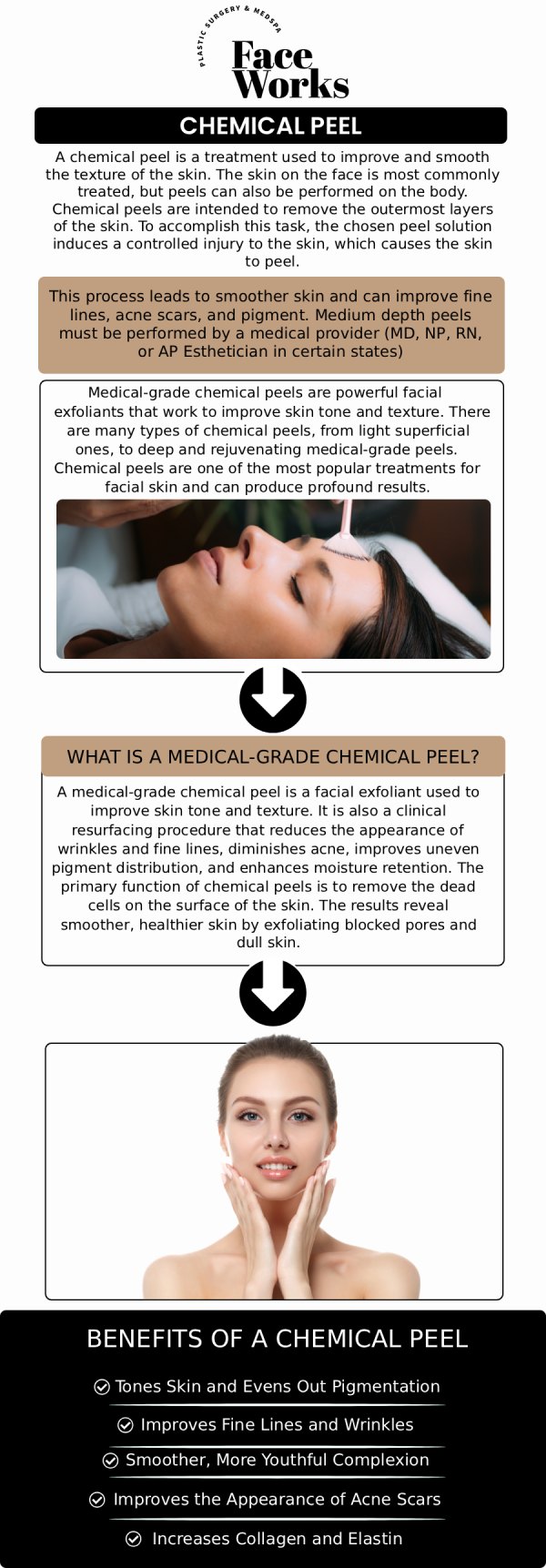 Transform your skin’s texture and tone with our curated selection of medical-grade chemical peels. At My Face Works, we offer various depths of exfoliation—from gentle "lunchtime" glows to deep resurfacing treatments—designed to target stubborn hyperpigmentation, active acne, and signs of aging. Our specialists analyze your unique skin type to select the perfect acid blend, ensuring a safe recovery and a radiant, revitalized finish. For more information, contact us or request an appointment online. We serve patients from Schaumburg IL, Hoffman Estates IL, Rolling Meadows IL, Hanover Park IL, Streamwood IL, Elk Grove Village IL, and surrounding areas.