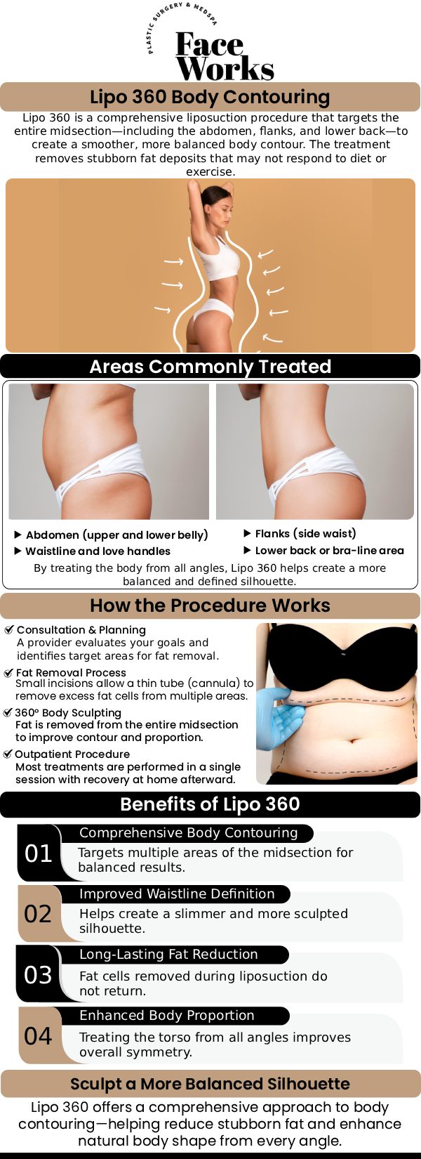 Lipo 360 Treatment at Face Works Plastic Surgery is a comprehensive body contouring procedure that targets the abdomen, flanks, and back for a smoother, more defined shape. This advanced approach removes stubborn fat from all angles, enhancing your natural curves. With personalized care, our team helps you achieve balanced, long-lasting results. For more information, contact us or request an appointment online. We are conveniently located at 501 W Golf Rd A, Schaumburg, IL 60195.