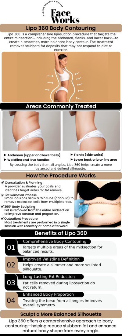 Lipo 360 Treatment at Face Works Plastic Surgery is a comprehensive body contouring procedure that targets the abdomen, flanks, and back for a smoother, more defined shape. This advanced approach removes stubborn fat from all angles, enhancing your natural curves. With personalized care, our team helps you achieve balanced, long-lasting results. For more information, contact us or request an appointment online. We are conveniently located at 501 W Golf Rd A, Schaumburg, IL 60195.