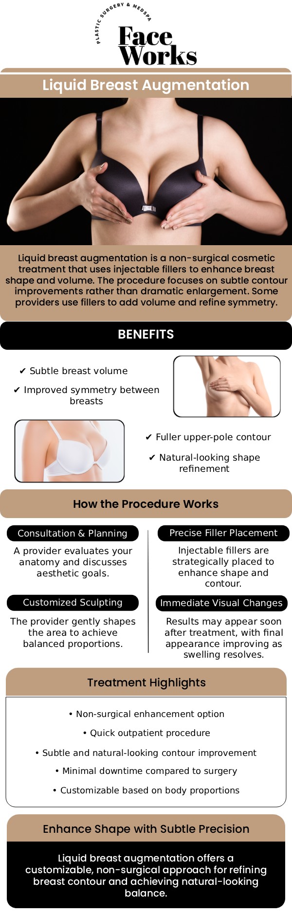Common questions asked by clients: What is a Liquid Breast Augmentation? What kind of fillers are used for this procedure? How is it different from a surgical breast augmentation? How much can it increase my breast size? For more information, contact us or request an appointment online. We serve patients from Schaumburg IL, Hoffman Estates IL, Rolling Meadows IL, Hanover Park IL, Streamwood IL, Elk Grove Village IL, and surrounding areas.