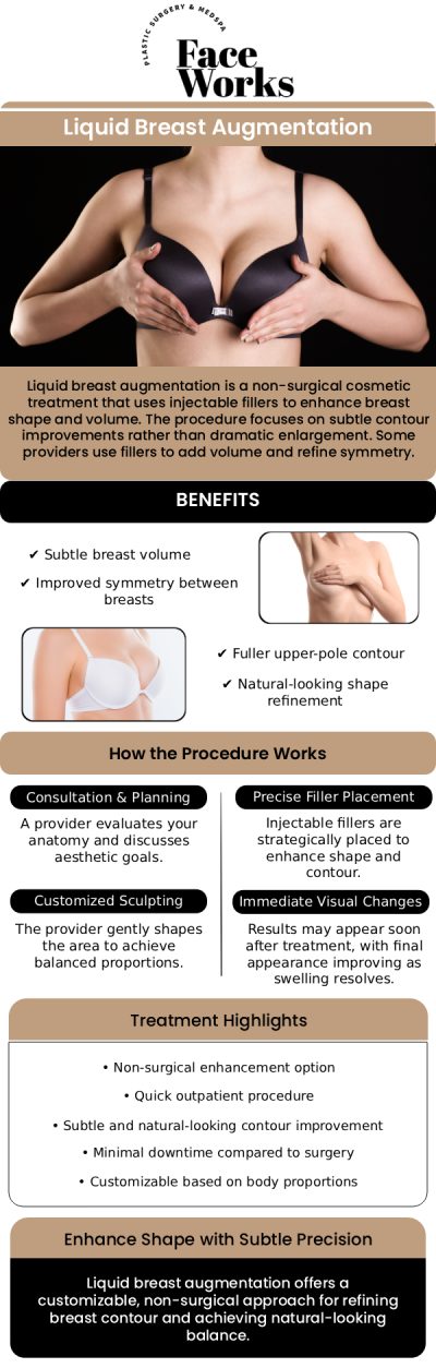 Common questions asked by clients: What is a Liquid Breast Augmentation? What kind of fillers are used for this procedure? How is it different from a surgical breast augmentation? How much can it increase my breast size? For more information, contact us or request an appointment online. We serve patients from Schaumburg IL, Hoffman Estates IL, Rolling Meadows IL, Hanover Park IL, Streamwood IL, Elk Grove Village IL, and surrounding areas.