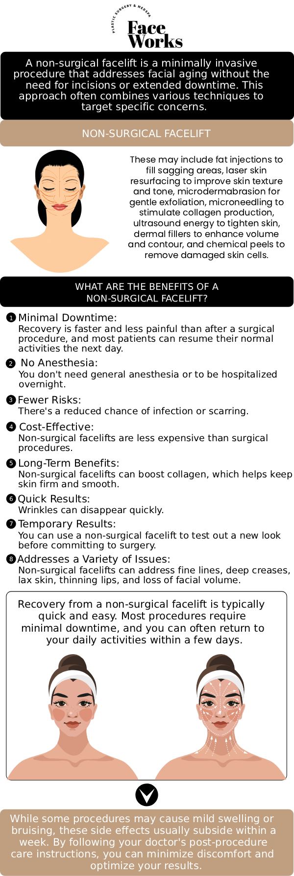 Restore your youthful contours and erase fine lines with our advanced Non-Surgical Face treatments. My Face Works specializes in "liquid facelifts" and energy-based tightening that lift and volumize the skin with precision and artistry. By combining dermal fillers, neurotoxins, and skin-tightening technologies, we can address sagging jowls, hollow temples, and deep wrinkles, providing a refreshed, natural appearance that highlights your best features—all with minimal to no downtime. For more information, contact us or request an appointment online. We serve patients from Schaumburg IL, Hoffman Estates IL, Rolling Meadows IL, Hanover Park IL, Streamwood IL, Elk Grove Village IL, and surrounding areas.