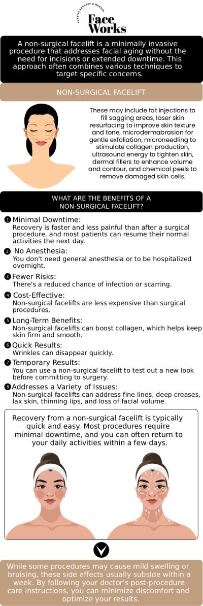 Restore your youthful contours and erase fine lines with our advanced Non-Surgical Face treatments. My Face Works specializes in "liquid facelifts" and energy-based tightening that lift and volumize the skin with precision and artistry. By combining dermal fillers, neurotoxins, and skin-tightening technologies, we can address sagging jowls, hollow temples, and deep wrinkles, providing a refreshed, natural appearance that highlights your best features—all with minimal to no downtime. For more information, contact us or request an appointment online. We serve patients from Schaumburg IL, Hoffman Estates IL, Rolling Meadows IL, Hanover Park IL, Streamwood IL, Elk Grove Village IL, and surrounding areas.