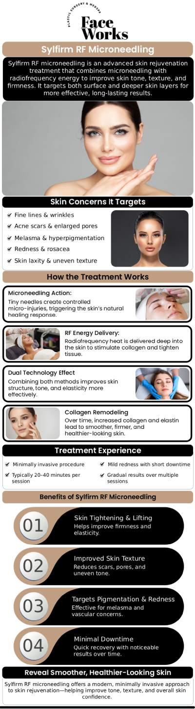 Our team at Face Works Plastic Surgery offers advanced Sylfirm RF microneedling treatments, combining radiofrequency and microneedling to rejuvenate and tighten the skin. This innovative procedure helps reduce fine lines, wrinkles, and skin imperfections, giving patients a smoother, more youthful complexion with minimal downtime and long-lasting results. For more information, contact us or book an appointment online. We are conveniently located at 501 W Golf Rd A, Schaumburg, IL 60195.