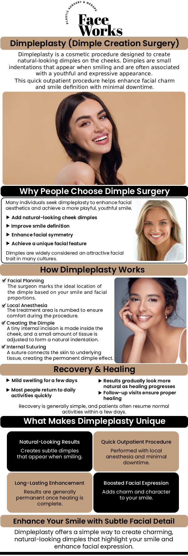 Common questions asked by patients: What is Dimpleplasty, and how does the surgical procedure create dimples? What kind of anesthesia is used, and will I be awake during the procedure? How long does a typical Dimpleplasty procedure take? Are the incisions made inside the mouth, and does the procedure leave any visible scars on the outside of the face? For more information, contact us or request an appointment online. We serve patients from Schaumburg IL, Hoffman Estates IL, Rolling Meadows IL, Hanover Park IL, Streamwood IL, Elk Grove Village IL, and surrounding areas.