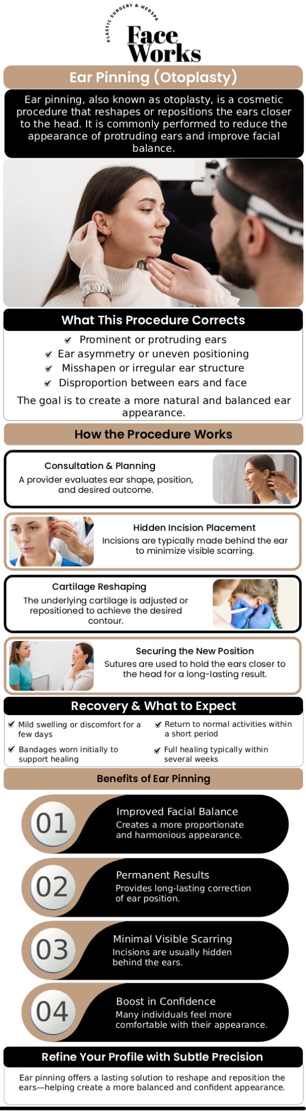 Common questions asked by patients: What is ear pinning (otoplasty), and what specific aesthetic concerns does it correct? How is the surgery performed? What are the key steps involved? Is the result of ear pinning a permanent correction? What is the best age for a child to undergo this procedure? For more information, contact us or request an appointment online. We serve patients from Schaumburg IL, Hoffman Estates IL, Rolling Meadows IL, Hanover Park IL, Streamwood IL, Elk Grove Village IL, and surrounding areas.