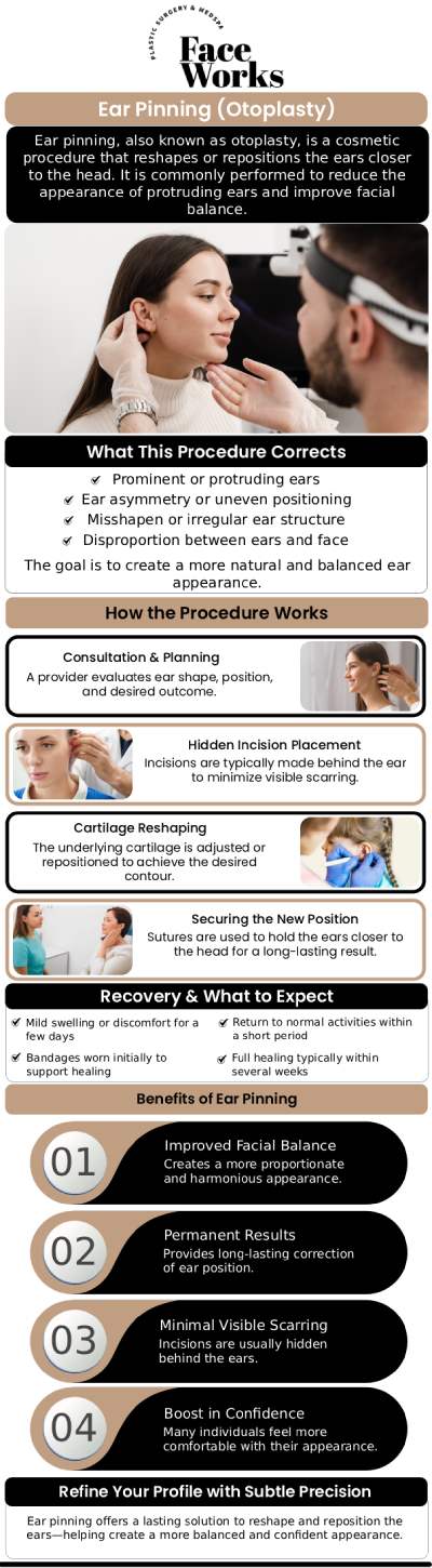 Common questions asked by patients: What is ear pinning (otoplasty), and what specific aesthetic concerns does it correct? How is the surgery performed? What are the key steps involved? Is the result of ear pinning a permanent correction? What is the best age for a child to undergo this procedure? For more information, contact us or request an appointment online. We serve patients from Schaumburg IL, Hoffman Estates IL, Rolling Meadows IL, Hanover Park IL, Streamwood IL, Elk Grove Village IL, and surrounding areas.