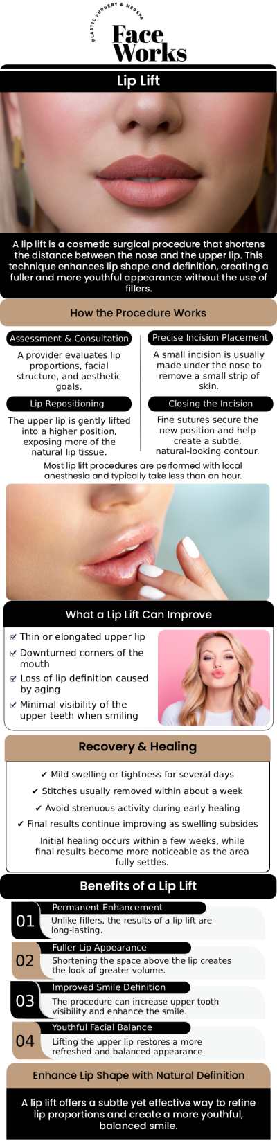 Common questions asked by clients: What is a lip lift and what does it do? How is a lip lift different from lip fillers? Am I a good candidate for this procedure? What happens during the surgery? For more information, contact us or request an appointment online. We serve patients from Schaumburg IL, Hoffman Estates IL, Rolling Meadows IL, Hanover Park IL, Streamwood IL, Elk Grove Village IL, and surrounding areas.