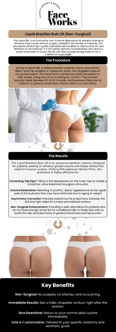 Our providers at Face Works Plastic Surgery offers the Liquid Brazilian Butt Lift, a non-surgical procedure that uses dermal fillers to enhance the shape and volume of the buttocks. This innovative treatment provides a natural, lifted look with minimal downtime, offering a safe and effective alternative to traditional surgical options. For more information, contact us or book an appointment online. We are conveniently located at 501 W Golf Rd A, Schaumburg, IL 60195.