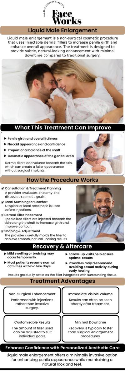 Common questions asked by clients: What is a liquid male enlargement? What kind of fillers are used for this procedure? How long does the treatment take? How long do the results last? For more information, contact us or request an appointment online. We serve patients from Schaumburg IL, Hoffman Estates IL, Rolling Meadows IL, Hanover Park IL, Streamwood IL, Elk Grove Village IL, and surrounding areas.