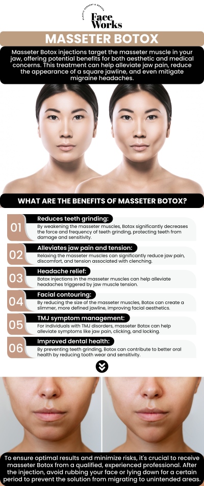 If you’re interested in redefining your jawline or achieving a more tapered, “V‑line” facial contour, Masseter Botox is a popular and effective non‑surgical option. At FaceWorks Plastic Surgery, our expert aesthetic team specializes in customizing masseter injections to deliver natural‑looking results tailored to your unique anatomy. Below are the most frequently asked questions about this treatment - answered with clarity, detail, and the patient’s experience in mind. For more information, contact us or request an appointment online. We are conveniently located at 501 W Golf Rd A, Schaumburg, IL 60195.