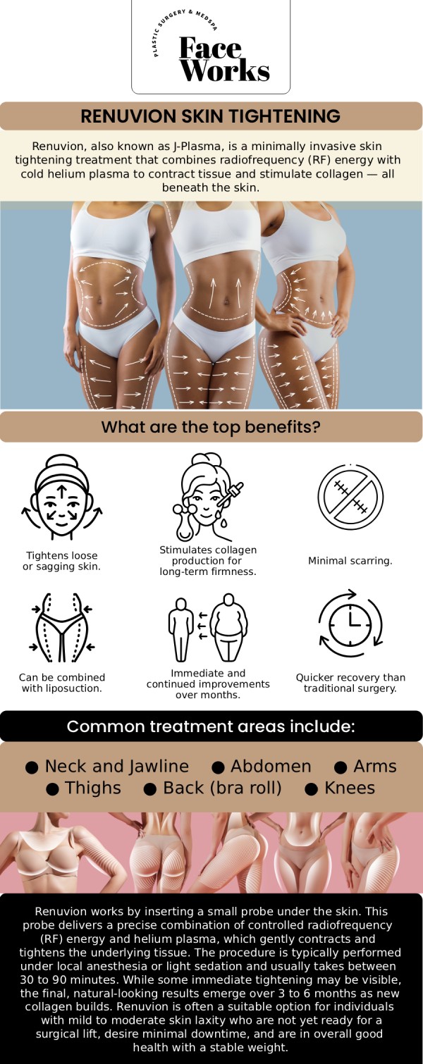 Experience the next generation of skin rejuvenation with Renuvion J-Plasma at Face Works Plastic Surgery. This revolutionary, minimally invasive treatment combines helium plasma and radiofrequency (RF) energy to instantly tighten and firm the skin from the inside out. Whether you are looking to define your jawline, lift the neck, or contour the body, Renuvion provides surgical-grade results with significantly less downtime than traditional lifting procedures. For more information, contact us or request an appointment online. We serve patients from Schaumburg, IL, Hoffman Estates, IL, Rolling Meadows, IL, Hanover Park, IL, Streamwood, IL, Elk Grove Village, IL, and surrounding areas.