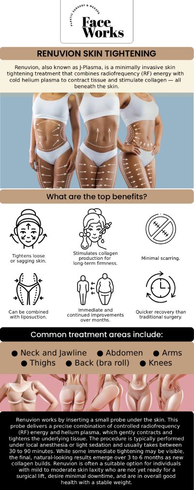 Experience the next generation of skin rejuvenation with Renuvion J-Plasma at Face Works Plastic Surgery. This revolutionary, minimally invasive treatment combines helium plasma and radiofrequency (RF) energy to instantly tighten and firm the skin from the inside out. Whether you are looking to define your jawline, lift the neck, or contour the body, Renuvion provides surgical-grade results with significantly less downtime than traditional lifting procedures. For more information, contact us or request an appointment online. We serve patients from Schaumburg, IL, Hoffman Estates, IL, Rolling Meadows, IL, Hanover Park, IL, Streamwood, IL, Elk Grove Village, IL, and surrounding areas.