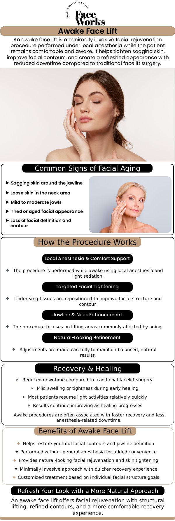 If you are searching for the best awake facelift specialists serving Chicago, Schaumburg, IL, finding a highly qualified clinic is essential for safe, beautiful results. To fully understand the incredible benefits of minimally invasive facial rejuvenation, it is important to see how our team at Face Works Plastic Surgery customizes our exclusive AwakeTight™ treatments for each patient. By choosing advanced, natural-looking contouring performed comfortably under local anesthesia, you can easily restore your youthful appearance with significantly less downtime than traditional surgery. For more information, contact us or request an appointment online. We are conveniently located at 501 W Golf Rd A, Schaumburg, IL 60195.