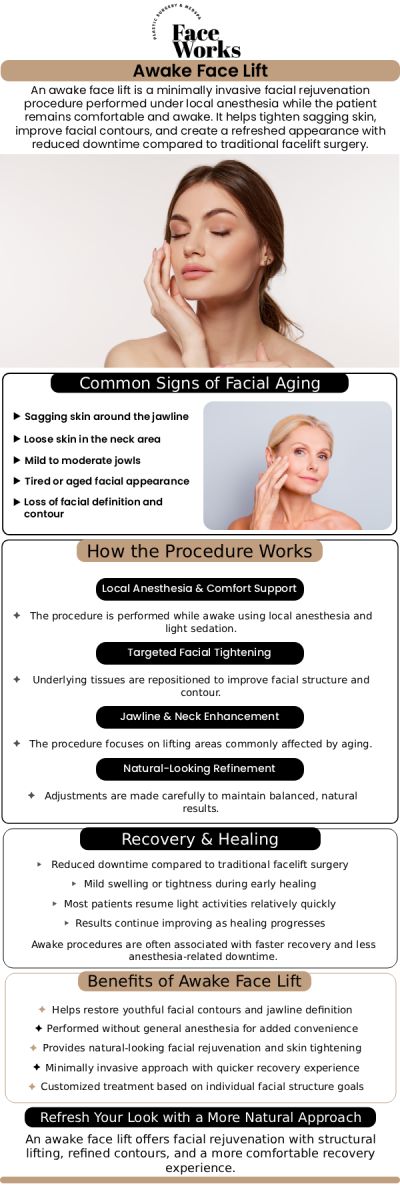 If you are searching for the best awake facelift specialists serving Chicago, Schaumburg, IL, finding a highly qualified clinic is essential for safe, beautiful results. To fully understand the incredible benefits of minimally invasive facial rejuvenation, it is important to see how our team at Face Works Plastic Surgery customizes our exclusive AwakeTight™ treatments for each patient. By choosing advanced, natural-looking contouring performed comfortably under local anesthesia, you can easily restore your youthful appearance with significantly less downtime than traditional surgery. For more information, contact us or request an appointment online. We are conveniently located at 501 W Golf Rd A, Schaumburg, IL 60195.