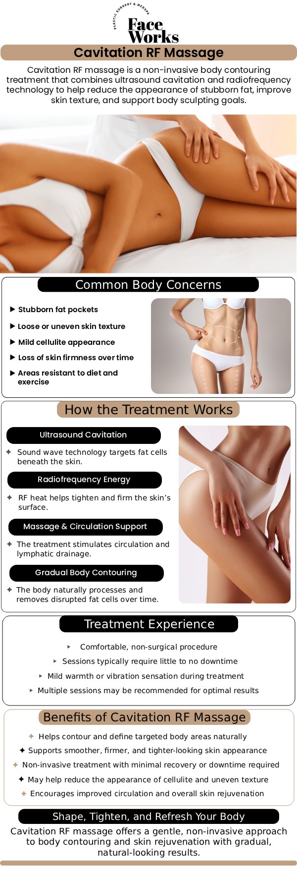Common questions asked by patients: What is RF Cavitation Massage, and how does it combine two different technologies? How does the radiofrequency (RF) energy work to tighten skin and improve elasticity? How long does it take to see results from a series of treatments? Are the results of RF Cavitation Massage permanent? For more information, contact us or request an appointment online. We serve patients from Schaumburg IL, Hoffman Estates IL, Rolling Meadows IL, Hanover Park IL, Streamwood IL, Elk Grove Village IL, and surrounding areas.