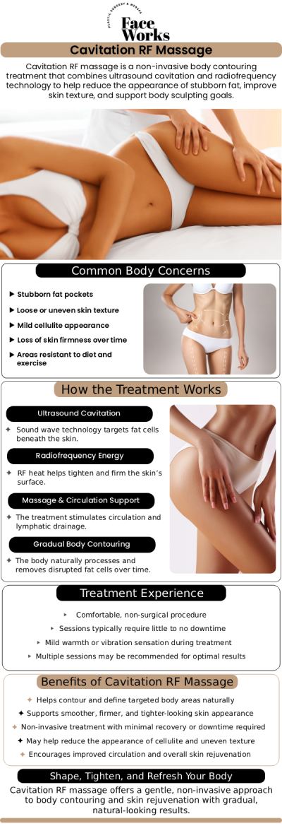 Common questions asked by patients: What is RF Cavitation Massage, and how does it combine two different technologies? How does the radiofrequency (RF) energy work to tighten skin and improve elasticity? How long does it take to see results from a series of treatments? Are the results of RF Cavitation Massage permanent? For more information, contact us or request an appointment online. We serve patients from Schaumburg IL, Hoffman Estates IL, Rolling Meadows IL, Hanover Park IL, Streamwood IL, Elk Grove Village IL, and surrounding areas.