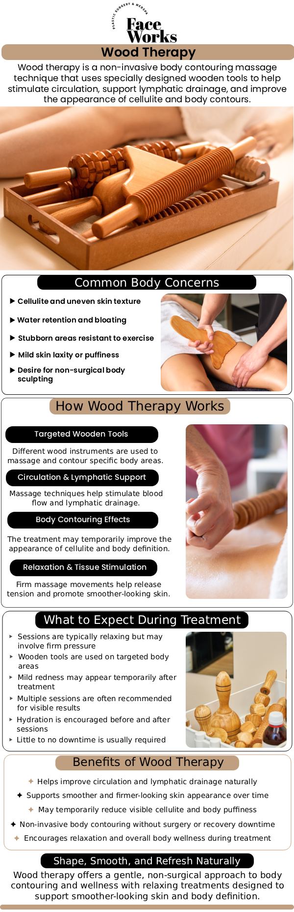 Common questions asked by clients: What exactly is wood therapy? How does wood therapy work to help with body contouring or cellulite? Does wood therapy hurt? How many sessions will I need to see results? For more information, contact us or request an appointment online. We serve patients from Schaumburg IL, Hoffman Estates IL, Rolling Meadows IL, Hanover Park IL, Streamwood IL, Elk Grove Village IL, and surrounding areas.