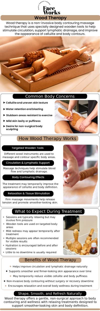 Common questions asked by clients: What exactly is wood therapy? How does wood therapy work to help with body contouring or cellulite? Does wood therapy hurt? How many sessions will I need to see results? For more information, contact us or request an appointment online. We serve patients from Schaumburg IL, Hoffman Estates IL, Rolling Meadows IL, Hanover Park IL, Streamwood IL, Elk Grove Village IL, and surrounding areas.