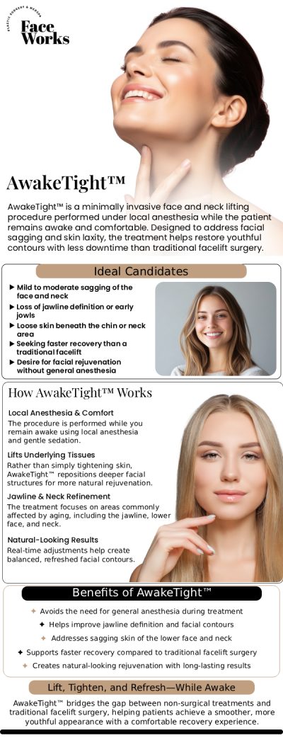 If you’re seeking refreshed, tighter facial contours without the extended downtime and risks of a traditional surgical facelift, AwakeTight™ offers an innovative alternative. Exclusively available from Face Works Plastic Surgery in Chicago and Schaumburg, IL, AwakeTight™ blends advanced surgical techniques with local anesthesia so patients can achieve rejuvenated results while awake, alert, and comfortable. For more information, contact us or request an appointment online. We are conveniently located at 501 W Golf Rd A, Schaumburg, IL 60195. If you’re seeking refreshed, tighter facial contours without the extended downtime and risks of a traditional surgical facelift, AwakeTight™ offers an innovative alternative. Exclusively available from Face Works Plastic Surgery in Chicago and Schaumburg, IL, AwakeTight™ blends advanced surgical techniques with local anesthesia so patients can achieve rejuvenated results while awake, alert, and comfortable. For more information, contact us or request an appointment online. We are conveniently located at 501 W Golf Rd A, Schaumburg, IL 60195.