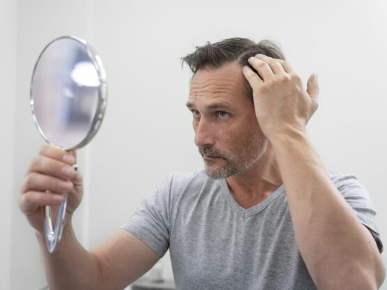 A man looking at his hair in the mirror