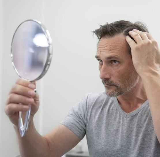 A man looking at his hair in the mirror